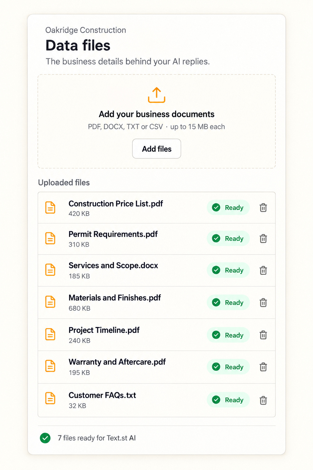 Illustrative construction company Business Knowledge files with price lists, permit requirements and service information marked ready.