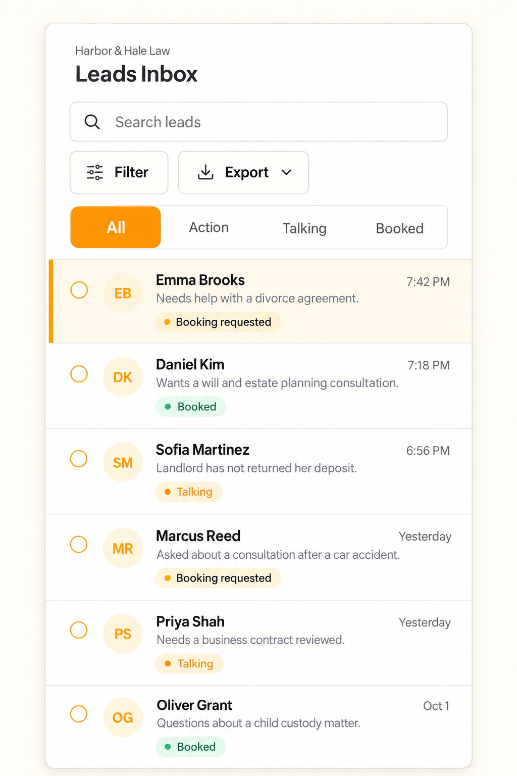 Illustrative Text.st Leads Inbox showing law firm inquiries and conversation statuses.