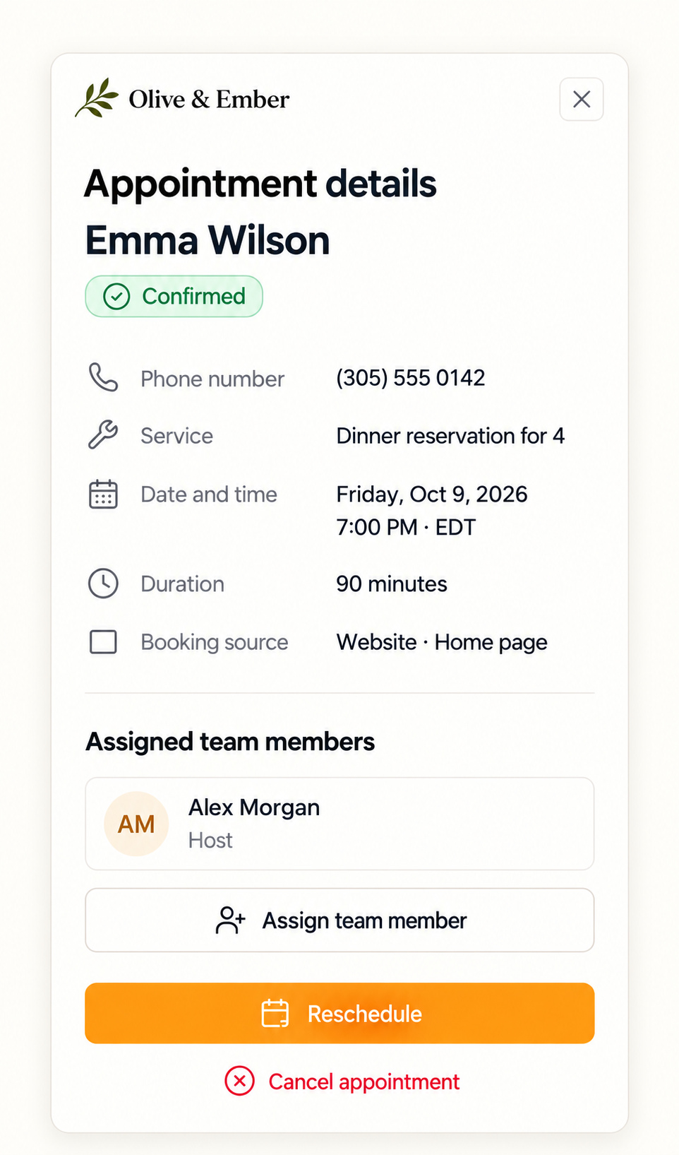 Illustrative restaurant appointment sidebar showing a confirmed reservation, website home page source and assigned host.
